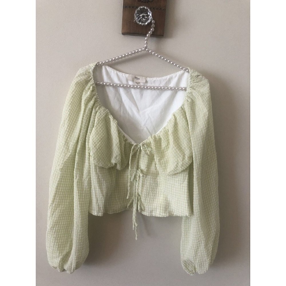 Mable Womens Size L Green Check Peasant Crop Top Tie Front Balloon Sleeve